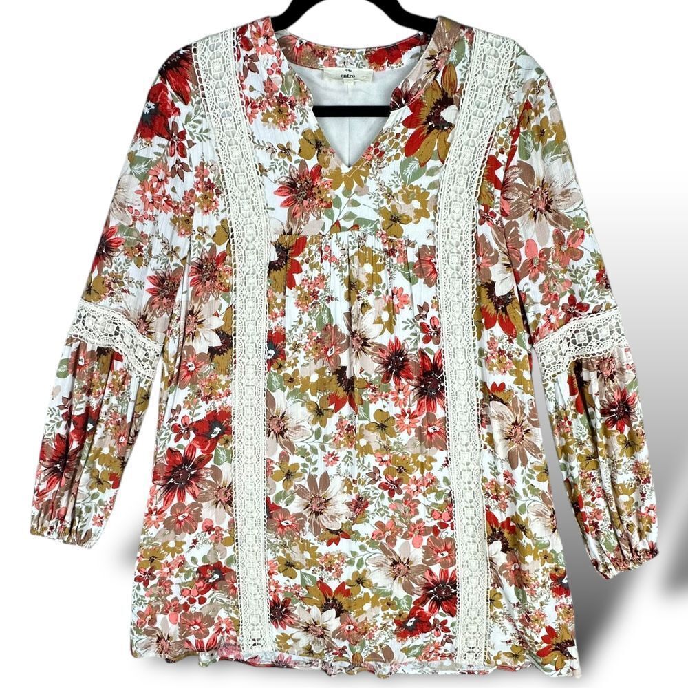 Entro‎ Boho Floral Crochet Accents Dress Women's Size Medium Flowy Gauzy Lined